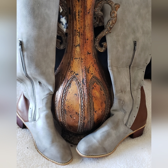 Yaoye Women's Sz 43 - Grey/Brown leather calf boots NIP - #41-T💛 - Picture 2 of 11